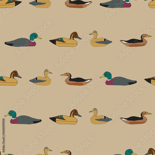 Vintage Decoy Ducks in Stripes on a Khaki Tan Background creating a seamless pattern print