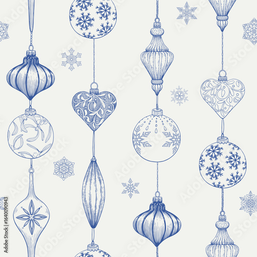 Toile Christmas Vintage seamless pattern with toys, balls, snowflakes. Blue beige, Hand drawn elements. Monochrome vector background for design package, holiday, wrapping paper, decor new year