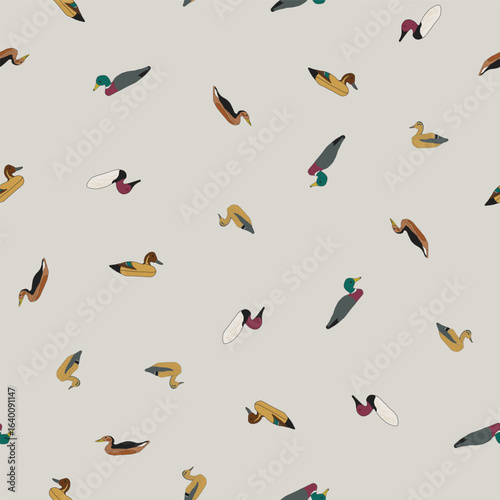 Ditsy Vintage Decoy Ducks Tossed on a Chalk Gray Background creating a seamless pattern print