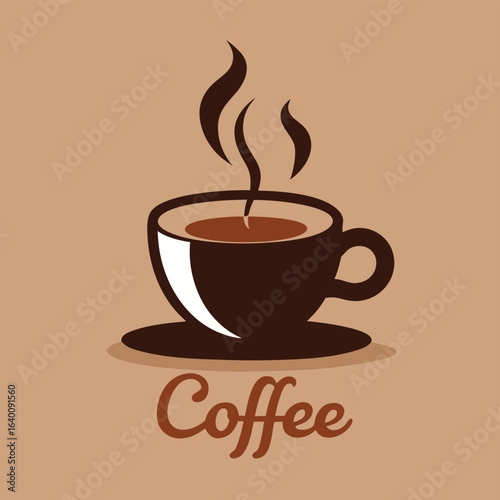 Brown mug of hot cappuccino with steam and saucer on a breakfast table