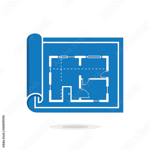 A rolled blue blueprint icon displaying a white architectural floor plan for a house or building project.