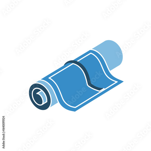 An isometric icon of a blue yoga or exercise mat rolled up and secured with a carrying strap.