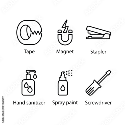 Tape, Magnet, Stapler, Hand sanitizer, Spray paint, Screwdriver, icon