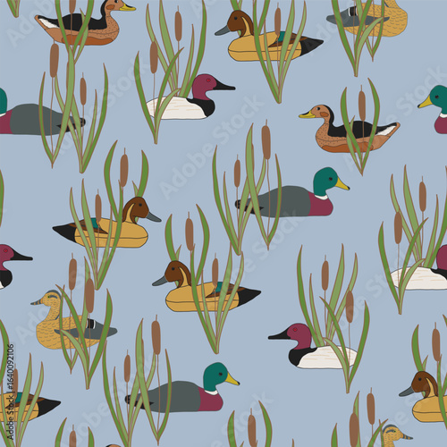 Vintage Decoy Ducks in Cattails on a Sky Blue Background creating a seamless pattern print