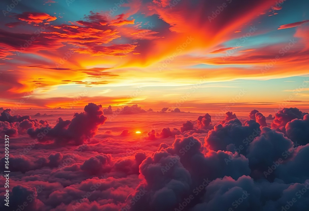 Obraz premium Dreamy sunset cloudscape panorama, vibrant colors, fiery hues, atmospheric, blue, beautiful