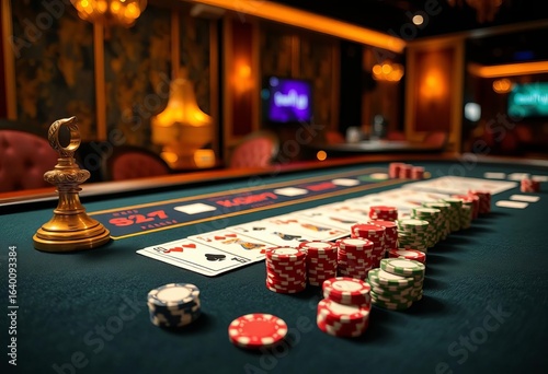 Elegant casino gaming table with cards and chips, baccarat, casino