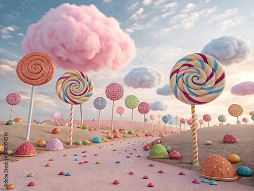 A colorful candy land landscape with whimsical lollipops and pastel clouds creates a sweet and imaginative dreamscape, generated by artificial intelligence