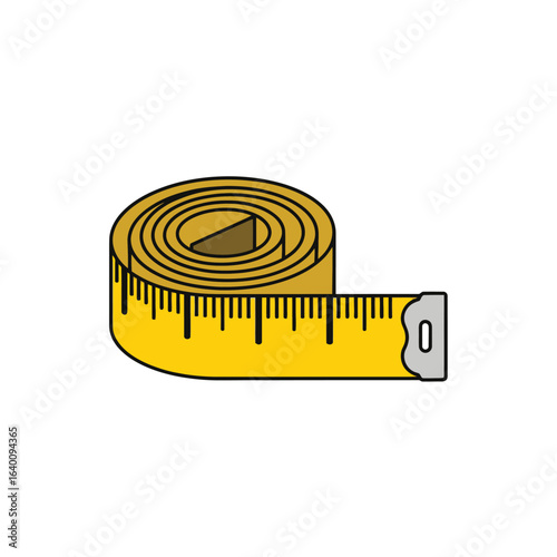 Illustration of a yellow measuring tape coiled, showing markings, on a white background.