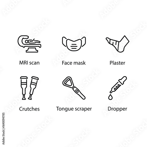 MRI scan, Face mask, Plaster, Crutches, Tongue scraper, Dropper, icon