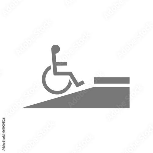 A grayscale icon depicting a person in a wheelchair ascending a ramp towards a raised platform.