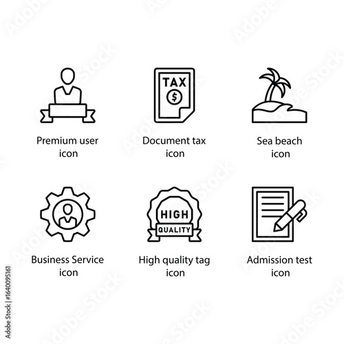 Premium user, Document, Sea beach, Business Service, High quality tag, Admission test, icon