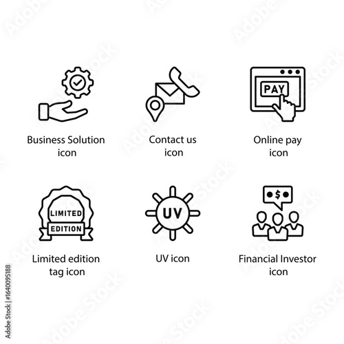 Business Solution, Contact us, Online pay, Limited edition tag, UV, Financial Investor, icon