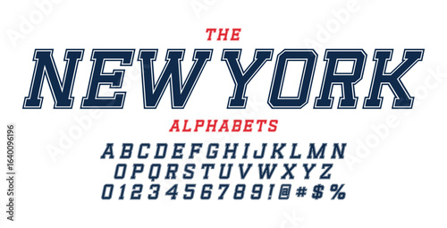 Classic college font. Vintage sport serif font in american style for football, soccer, baseball and basketball. Alphabet and numbers with outline in varsity style