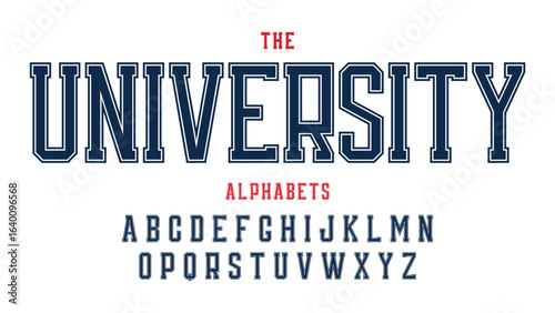 Classic university font. Vintage sport serif font in american style for football, soccer, baseball and basketball. Alphabet and numbers with outline in varsity style
