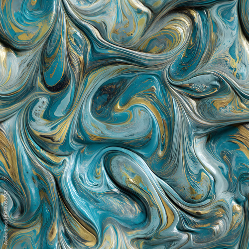 Abstract fluid art marble texture, swirling deep blues and turquoise with shimmering gold veins, glossy finish, rich color gradients