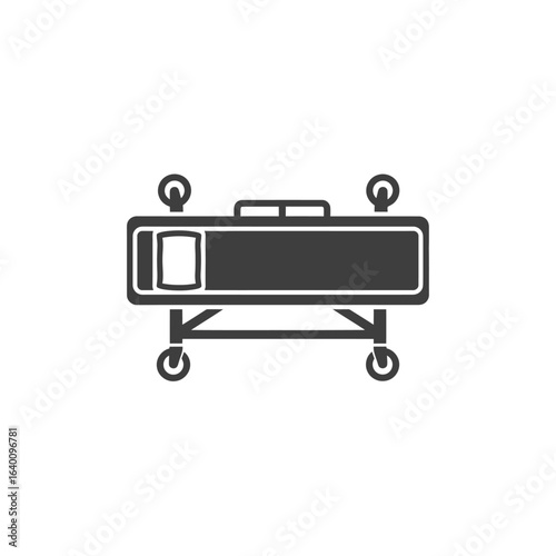 Simple dark grey icon of a medical gurney or hospital bed with wheels, viewed from above.