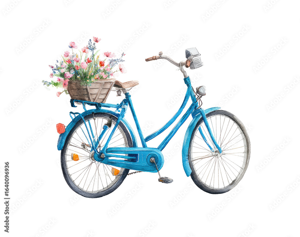 Fototapeta premium A vibrant blue bicycle with a basket of flowers