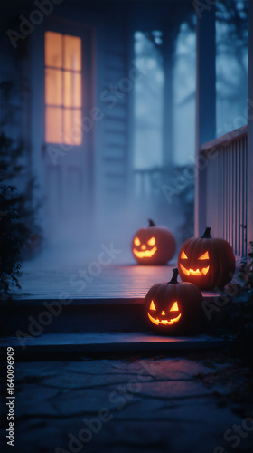 Halloween jack-o’-lanterns glowing on a misty front porch at dusk, vertical background with copyspace
