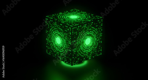 Futuristic glowing cube pulsates with vibrant green digital data and intricate circuitry patterns