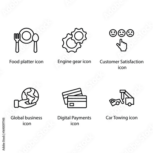 Food platter, Engine gear, Customer Satisfaction, Global business, Digital Payments, Car Towing, icon