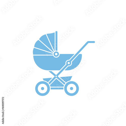 A light blue silhouette illustration of a classic baby stroller or pram, featuring a hood and wheels.