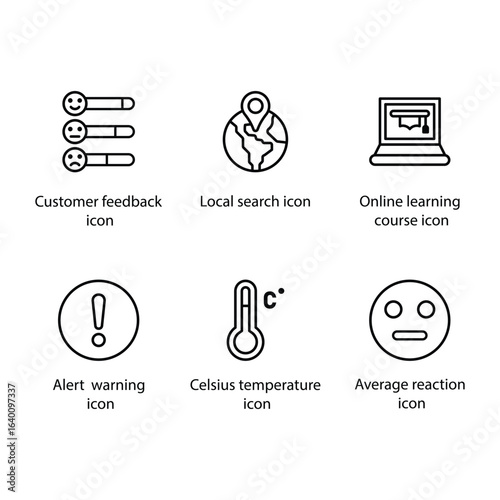 Customer feedback, Local search, Online learning course, Alert, Celsius temperature, Average reaction, icon