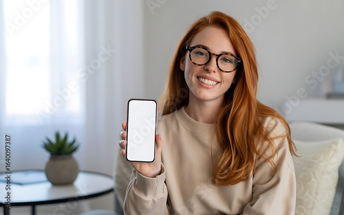 Mockup, happy young asian woman sitting at home showing smartphone with blank white screen for mobile advertisement or app design, digital marketing, closeup