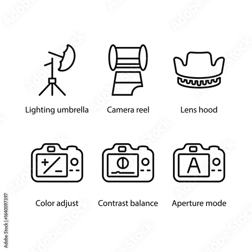 Lighting umbrella, Camera reel, Lens hood, Colour adjust, Contrast balance, Aperture mode, icon