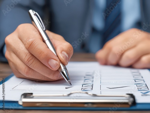 Businessmen use pen to check the appropriate sign in the checklist and clipboard task management, document management system (DMS) and process automation checkbox