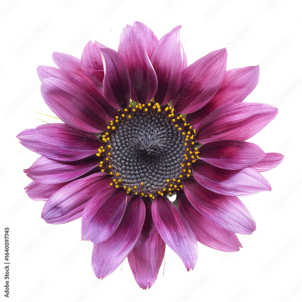 Obraz premium Purple sunflower bloom close-up, garden setting, sunlit background, botanical illustration