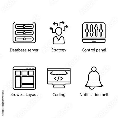 Database server, Strategy, Control panel, Browser Layout, Coding, Notification bell, icon