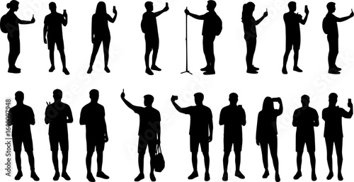 Collection of silhouette people taking selfie in different poses vector set.
