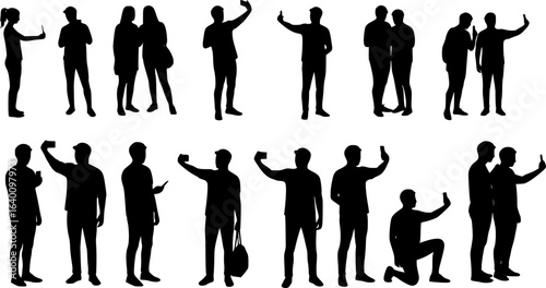 Collection of silhouette people taking selfie in different poses vector set.
