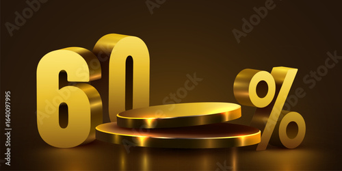 60 percent with podium. Sale, discount or bonus concept.