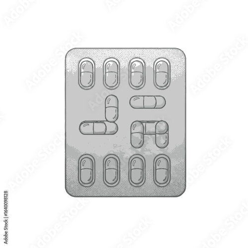 A blister pack containing various pills and capsules, presented in a stylized, hand-drawn illustration with a metallic sheen.