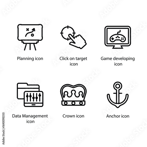 Planning, Click on target, Game developing, Data Management, Crown, Anchor, icon