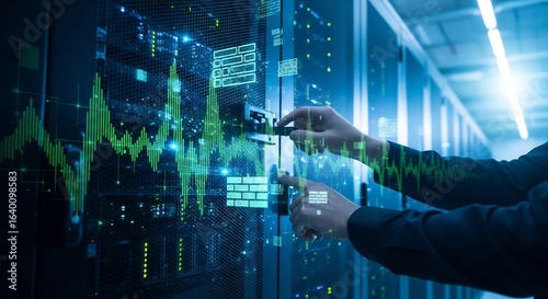 Data Center Technician Monitoring Server Performance with Network Graphs
