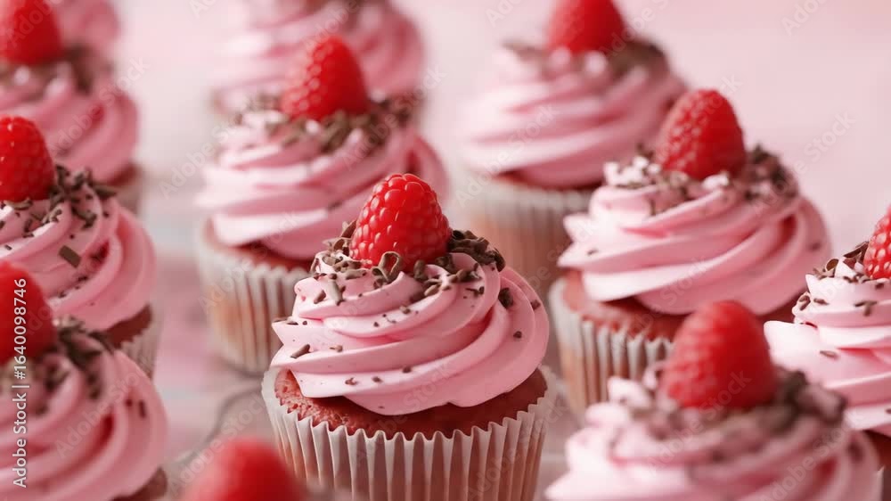 Rows of Raspberry Cupcakes with Pink Frosting and Chocolate Sprinkles Rows of Raspberry Cupcakes with Pink Frosting and Chocolate Sprinkles
