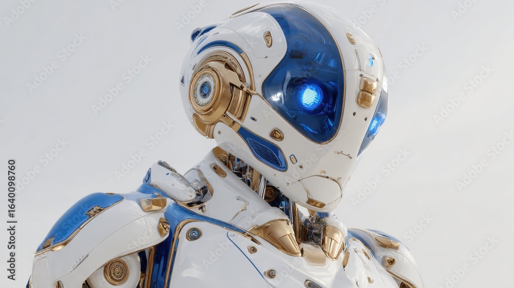 Fototapeta premium A robot with blue eyes and gold accents stands in front of a white background. The robot's design is futuristic and metallic, giving it a sleek and powerful appearance