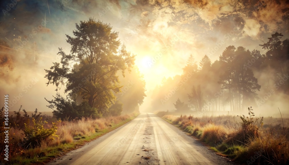 Fototapeta premium A sunlit country road through a misty forest at dawn