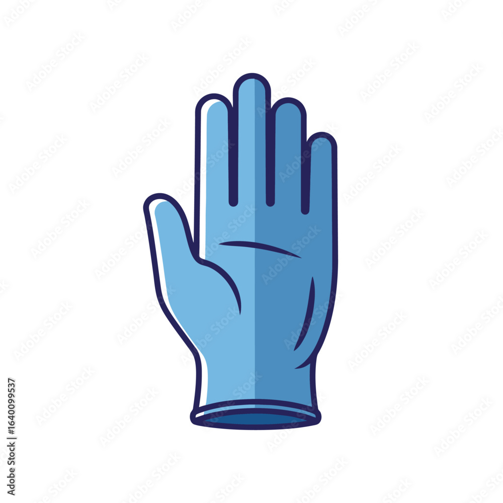 Obraz premium Cartoon illustration of a blue medical glove, showing the palm and fingers.