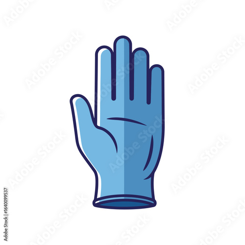 Cartoon illustration of a blue medical glove, showing the palm and fingers.