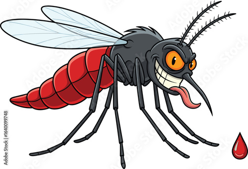 Cartoon Mosquito with Sharp Teeth, Orange Eyes, Long Tongue, Red Abdomen, Blood Drop — Funny and Menacing Insect Character PNG
