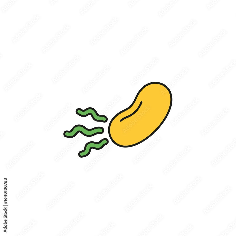 Fototapeta premium Cartoon illustration of a yellow bean with green wavy lines, representing movement and smell.