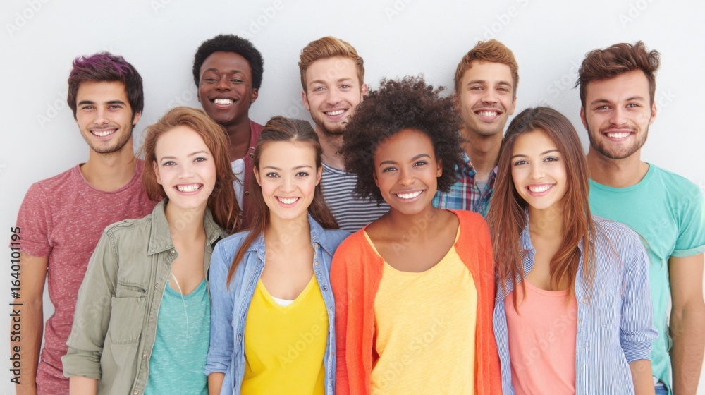A group of young people are smiling for the camera. The group is diverse, with people of different races and genders. Scene is happy and friendly, as everyone is posing together A group of young people are smiling for the camera. The group is diverse, with people of different races and genders. Scene is happy and friendly, as everyone is posing together