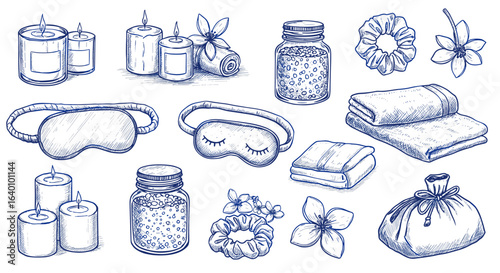 Blue ballpoint pen doodle collection of spa items — salt pouches, sleep mask, jar with salt, towels, hair ties, flowers, candles — hand-drawn sketch isolated on white vector illustration

