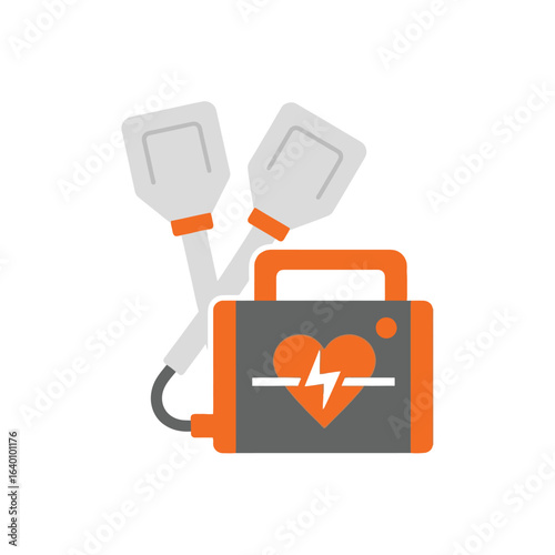 Graphic illustration of a defibrillator with paddles, depicting emergency medical equipment.