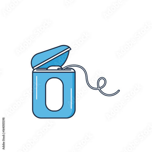 A blue dental floss container with a partially open lid, showing the floss.