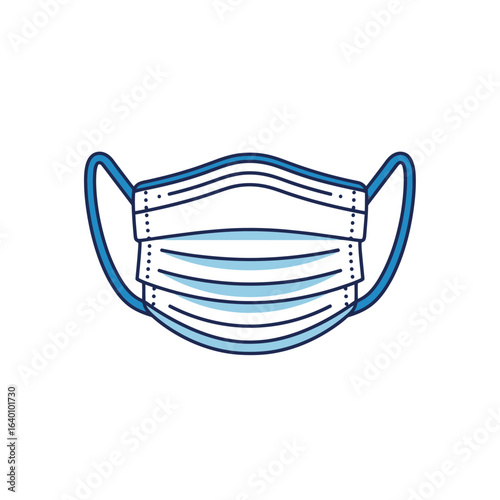 A blue and white surgical face mask illustration, showing the pleats and ear loops, isolated on a white background.