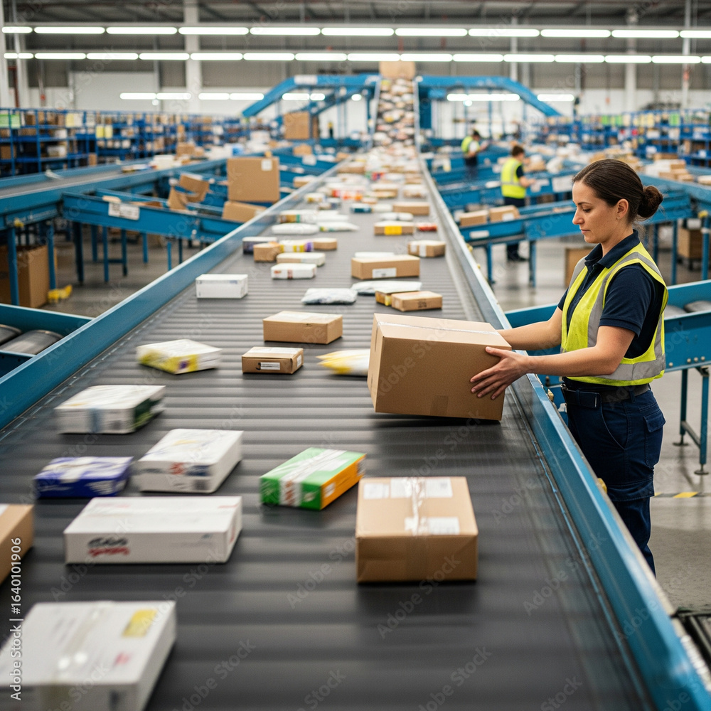 Fototapeta premium Woman is working at a warehouse, sorting through boxes